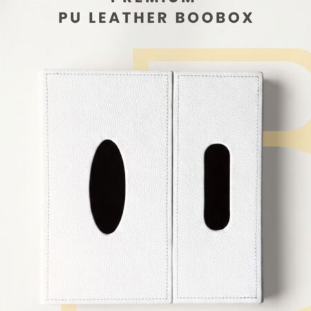 Premium PU leather BooBox in a modern rectangular design with a built-in tissue holder and mini waste bin. Features a smooth finish, magnetic lid, elegant stitching, and a compact 2-in-1 organizer for desks, bedside tables, living rooms, offices, and cars.