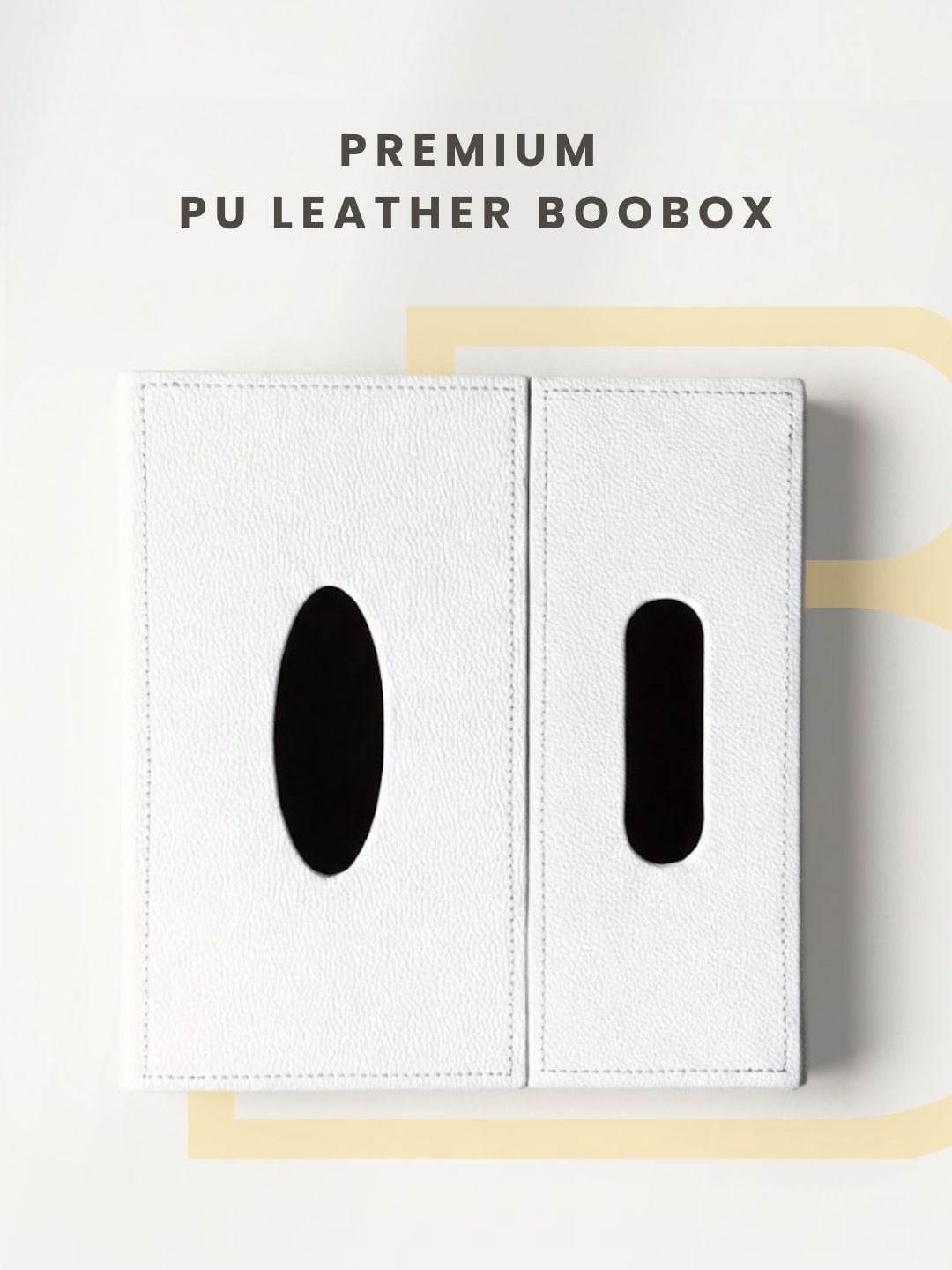 Premium PU leather BooBox in a modern rectangular design with a built-in tissue holder and mini waste bin. Features a smooth finish, magnetic lid, elegant stitching, and a compact 2-in-1 organizer for desks, bedside tables, living rooms, offices, and cars.